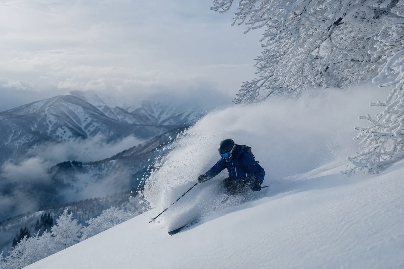 Skiing deep powder in the Japanese mountains